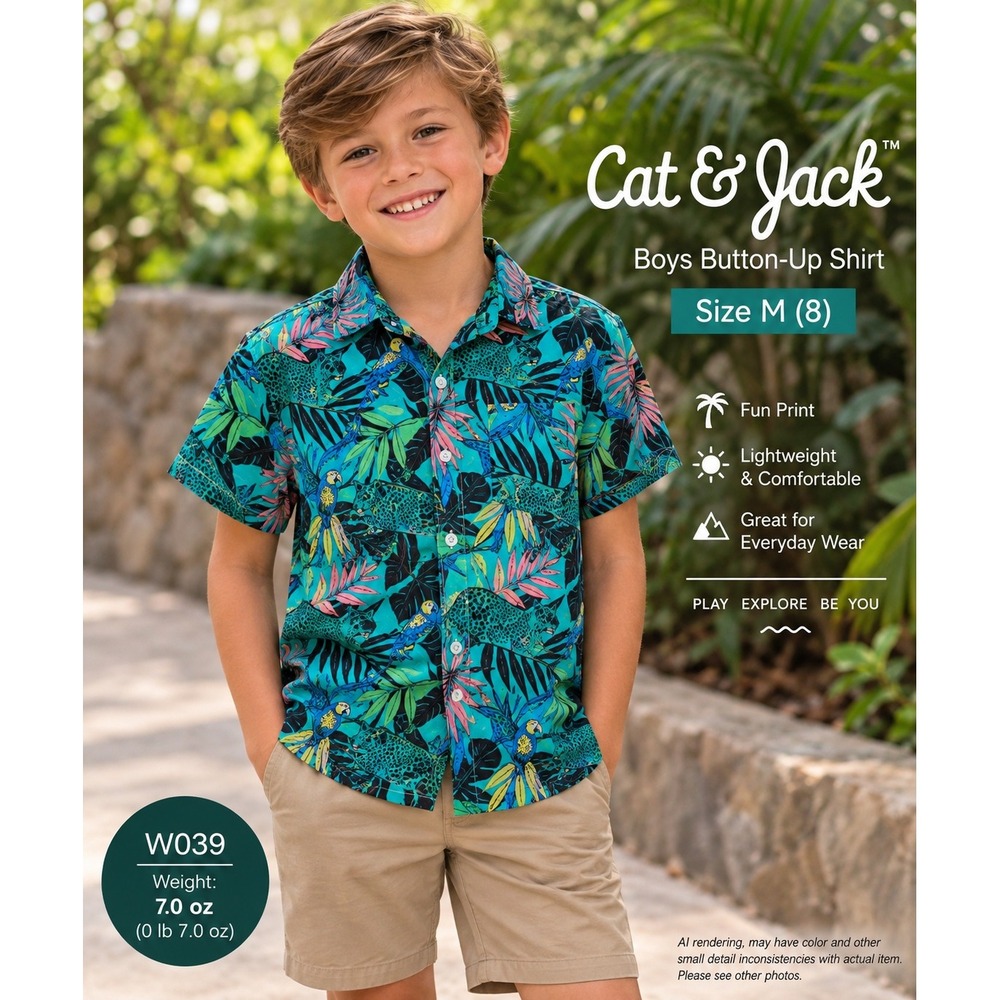 Cat & Jack Boys Button-Up Shirt Size M (8) Teal Tropical Leopard Parrot Print
